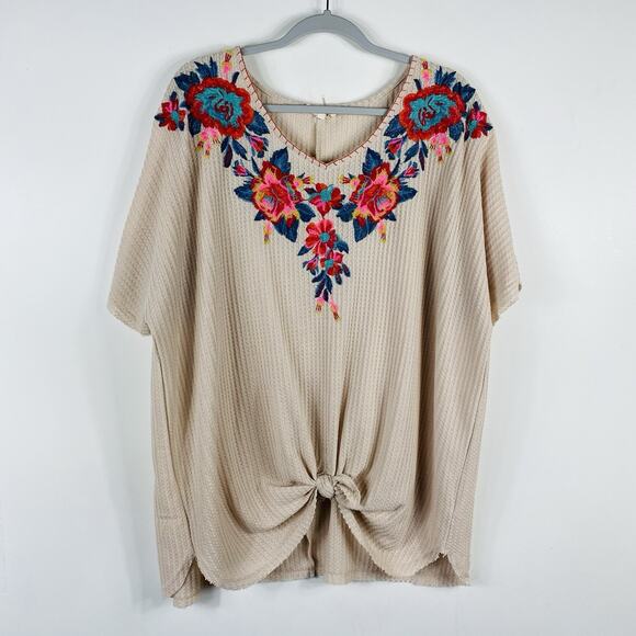 entro Tops - Entro Plus Size 2X Waffle Knit Raw Edge Embroidered Knotted Top Tan Boho Casual